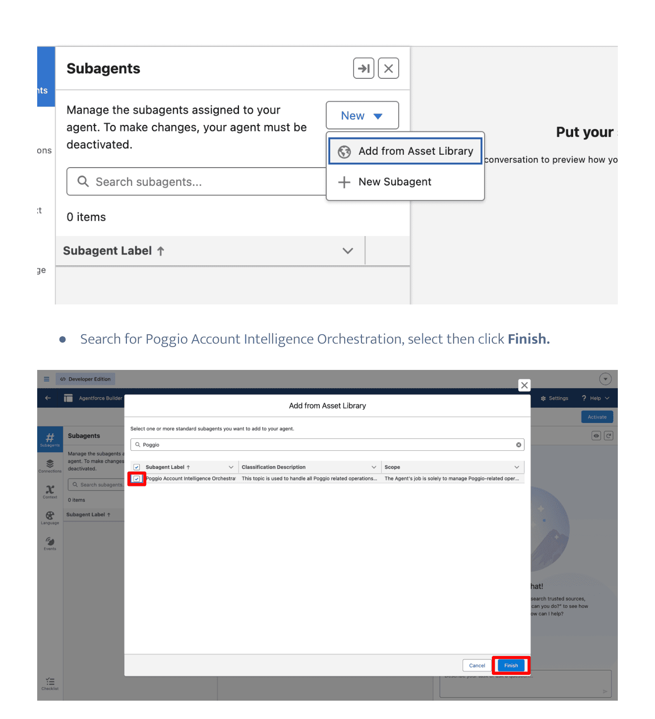 Agentforce subagent picker with Poggio Account Intelligence Orchestration selected