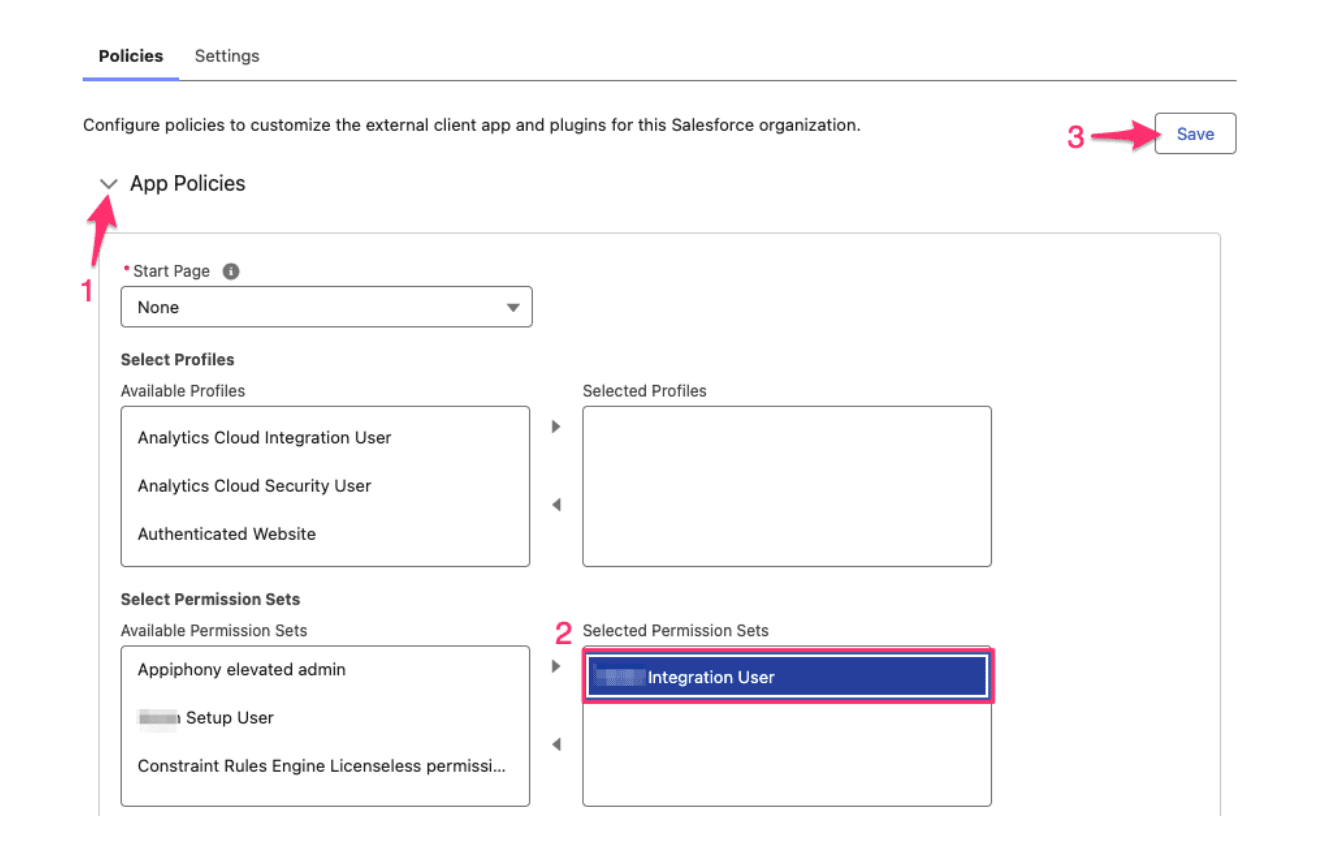 App Policies expanded with the Integration User permission set moved to Selected Permission Sets