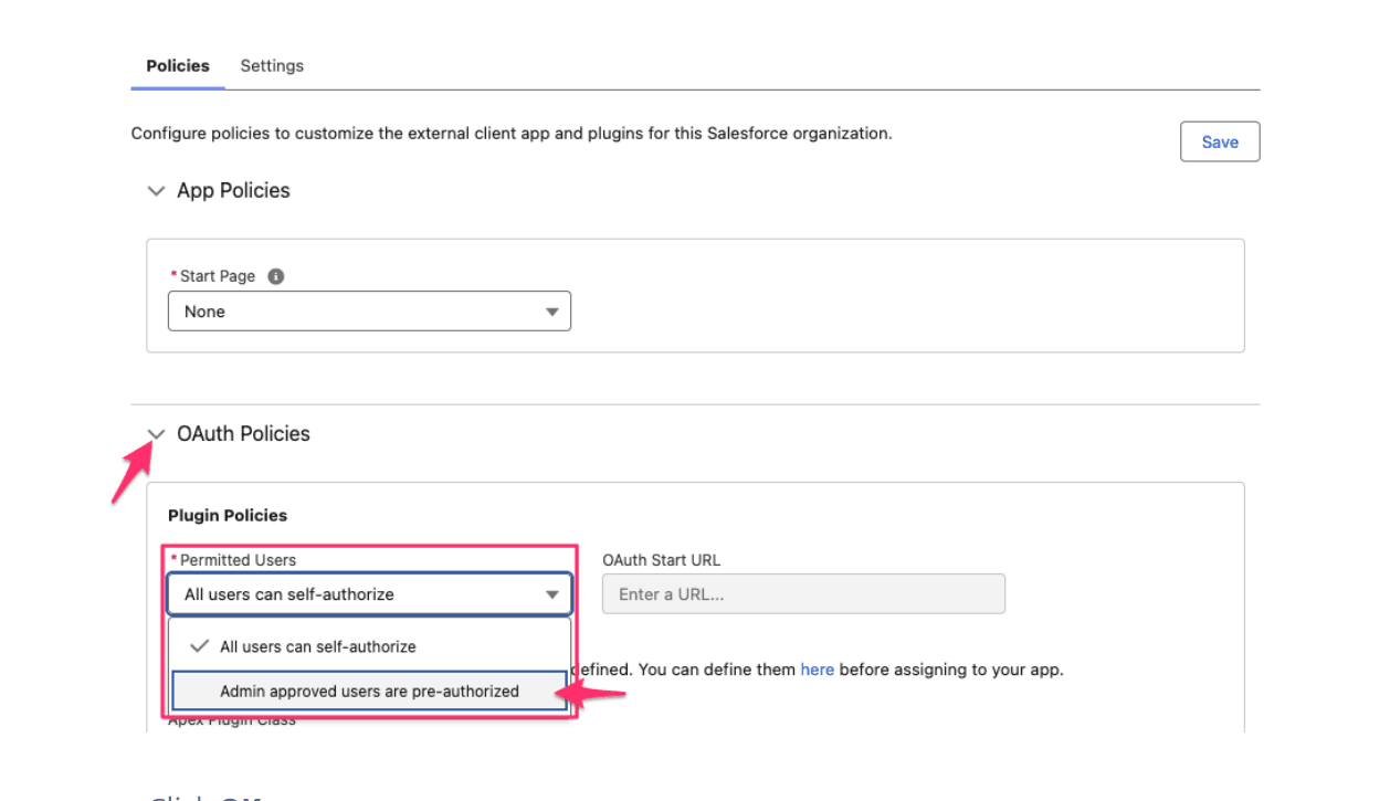 OAuth Policies expanded showing Permitted Users dropdown set to Admin approved users are pre-authorized