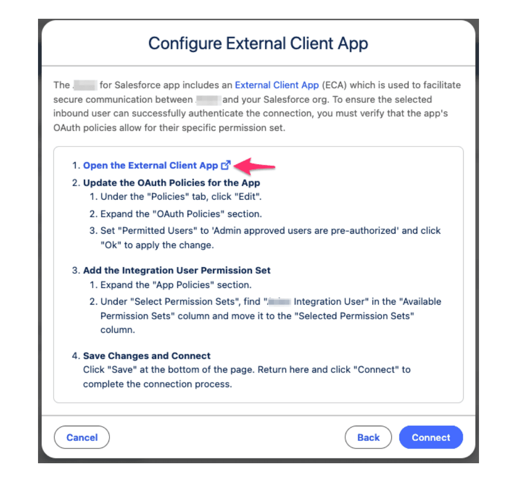Configure External Client App modal listing the four sub-steps
