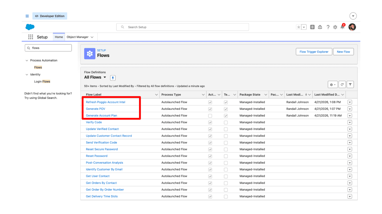 Flows list with the three Poggio flow templates highlighted