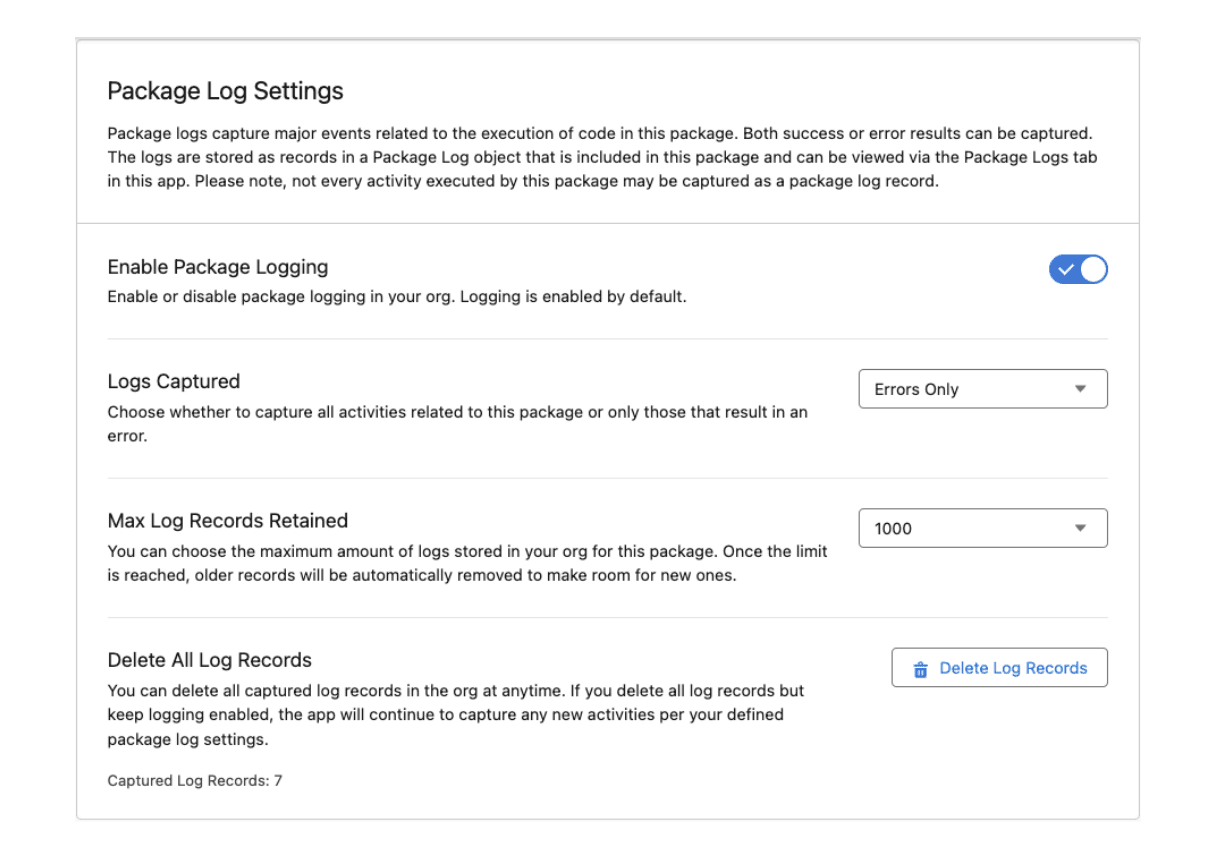 Package Log Settings panel with toggle, log level, retention, and delete controls