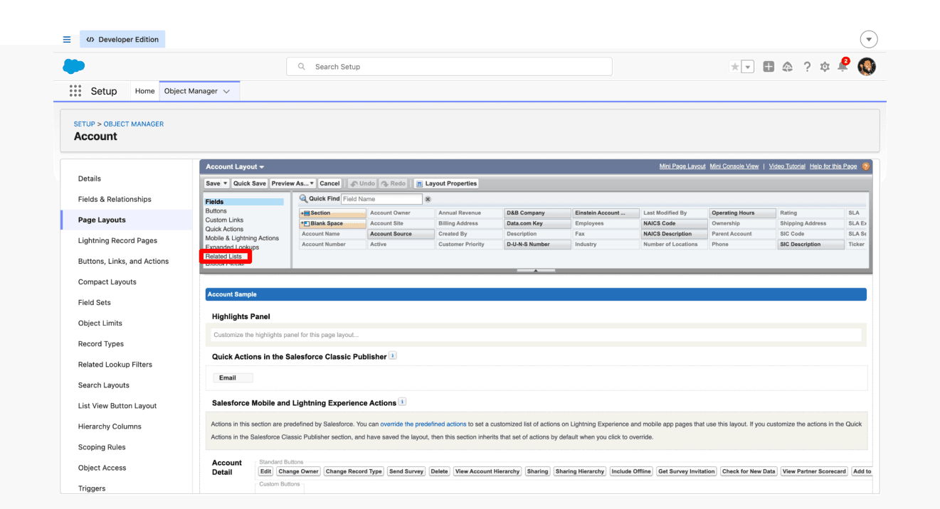 Account page layout editor with Poggio Account Intels and Poggio Sync Requests dragged into Related Lists