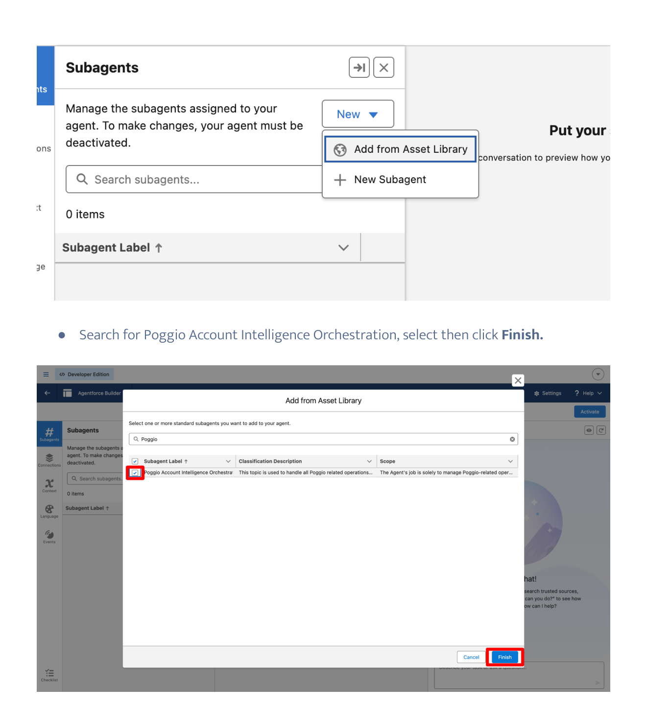 Agentforce subagent picker with Poggio Account Intelligence Orchestration selected