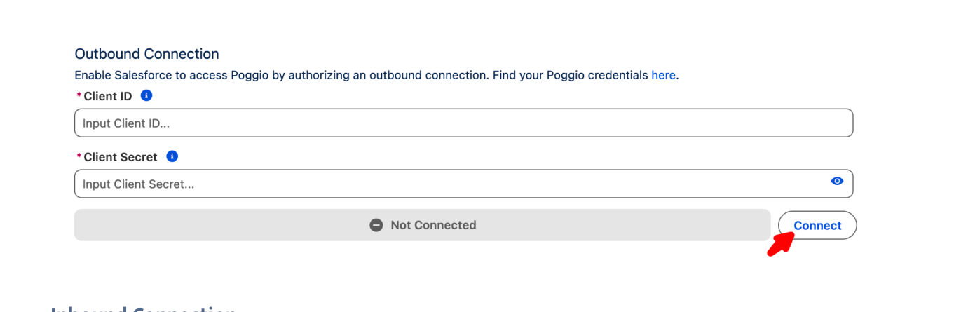 Outbound Connection panel with Client ID, Client Secret, and Connect button