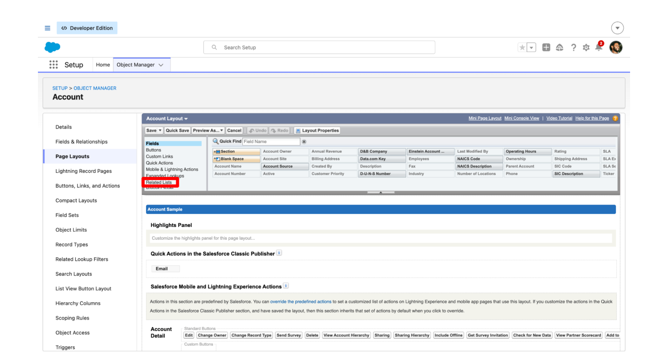 Account page layout editor with Poggio Account Intels and Poggio Sync Requests dragged into Related Lists